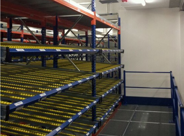 Flow racking systems allow for easy inclined racks to access products.